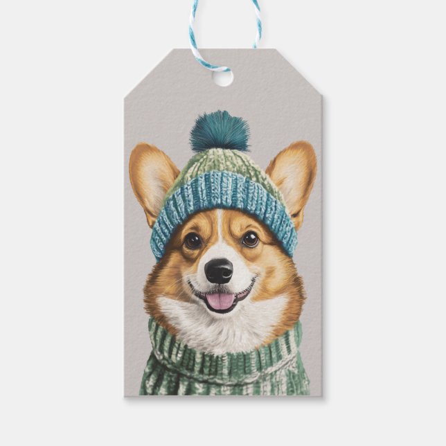 Gemütlicher Corgi im Wintergear Geschenkanhänger (Vorderseite)