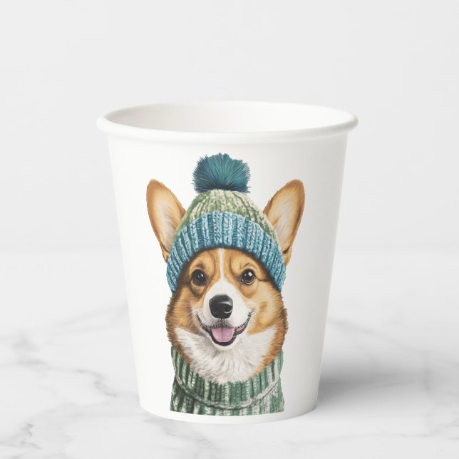 Gemütlicher Corgi im Wintergear Pappbecher (Vorderseite)
