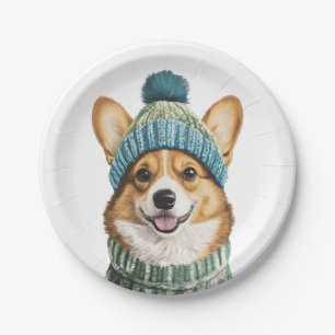 Gemütlicher Corgi im Wintergear Pappteller