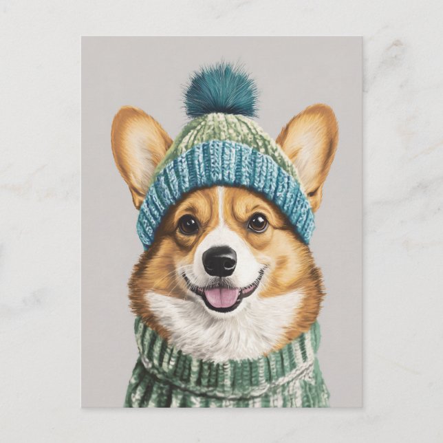 Gemütlicher Corgi im Wintergear Postkarte (Vorderseite)