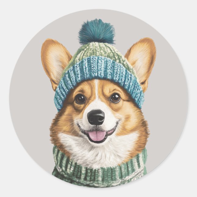 Gemütlicher Corgi im Wintergear Runder Aufkleber (Vorderseite)