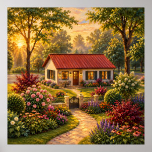 Gemütlicher Cottage-Garten bei Sonnenuntergang Ölm Poster