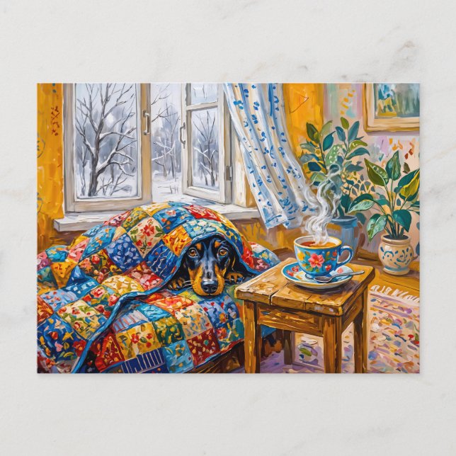 Gemütlicher Dachshund ruht auf einer Patchwork-Win Postkarte (Vorderseite)