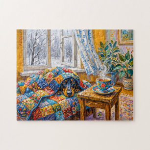 Gemütlicher Dachshund ruht auf einer Patchwork-Win Puzzle