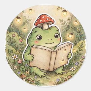 Gemütlicher Frosch beim Lesen eines Buches — Cotta Runder Aufkleber
