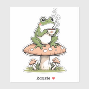 Gemütlicher Frosch trinkender Tee auf Toadstool Au Aufkleber