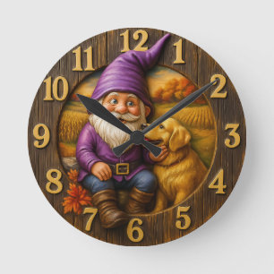 Gemütlicher Gnom & Hund Herbst Runde Wanduhr