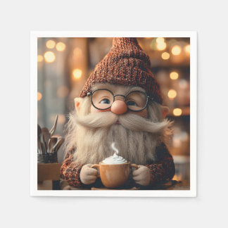 Gemütlicher Gnome Genießen Sie eine Tasse heißen K Serviette