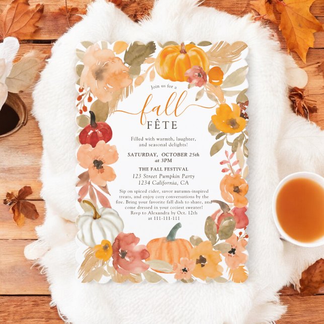 Gemütlicher Herbst Wasserfarben Pumpkin Florale Fa Einladung (Cozy Autumn Watercolor Pumpkin Floral Fall Fête Invitation)
