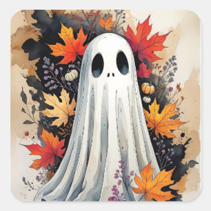 Gemütlicher Herbstghost - Kawaii Halloween Wasserf Quadratischer Aufkleber