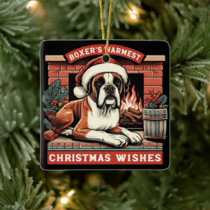 Gemütlicher Kamin Szene Vintag Boxer Dog Weihnacht Keramikornament