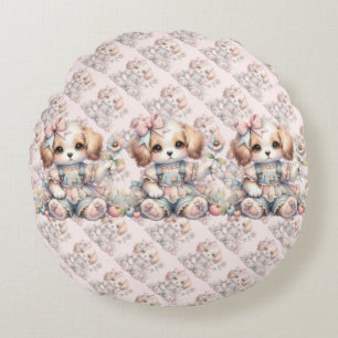 Gemütlicher Kawaii Cottagecore Farmcore Welpen-Sti Rundes Kissen