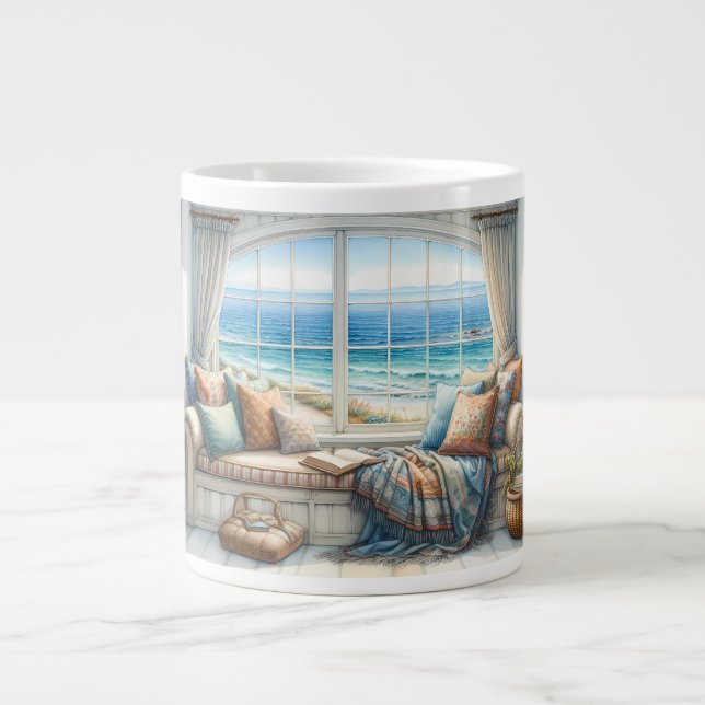 Gemütlicher Küstenfenstersitz Cottagecore Jumbo-Tasse (Vorderseite)