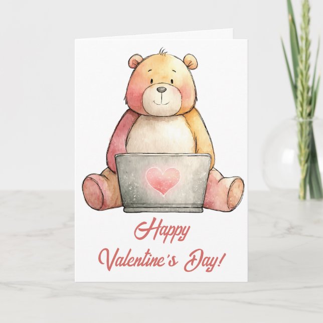 Gemütlicher Laptop-Bär Valentinstag Karte (Vorderseite)