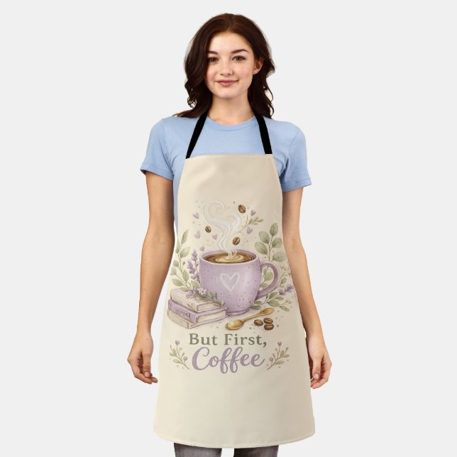 Gemütlicher Lavendel-Wasserfarbe-Kaffee Schürze (Getragen)
