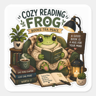 Gemütlicher Lesefrosch – Bücher • Tee • Frieden Quadratischer Aufkleber
