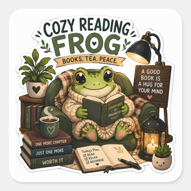 Gemütlicher Lesefrosch – Bücher • Tee • Frieden Quadratischer Aufkleber (Vorderseite)