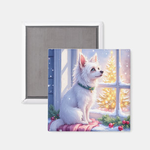 Gemütlicher Malteser am schneebedeckten Fenster We Magnet