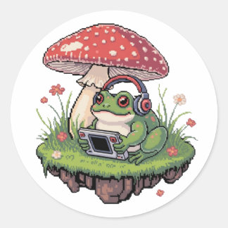 Gemütlicher Pixel-Gamer-Frosch Pilz Runder Aufkleber
