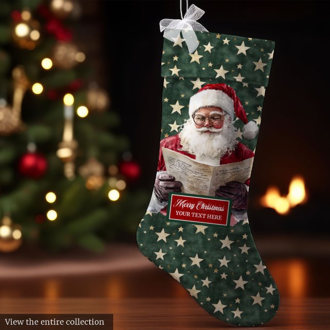 Gemütlicher Red Green Santa Strumpf mit Ihrem Name Großer Weihnachtsstrumpf (Cozy Red Green Santa Stocking with Your Name Print)