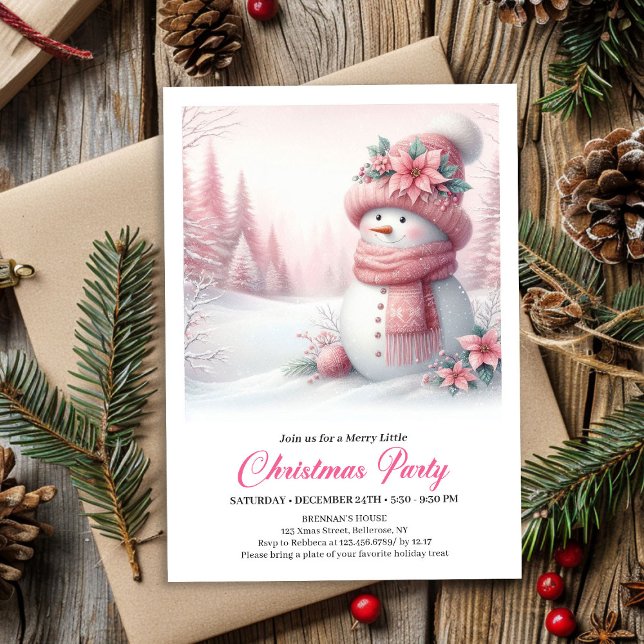 Gemütlicher Rosa Schneemann Kinder Editierbare Dig Einladung (Cozy Pink Snowman Kids Editable Digital Christmas Invitation

)