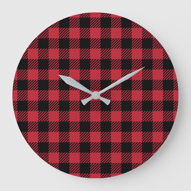Gemütlicher roter Büffel-Karo im Winter Große Wanduhr (Vorderseite)