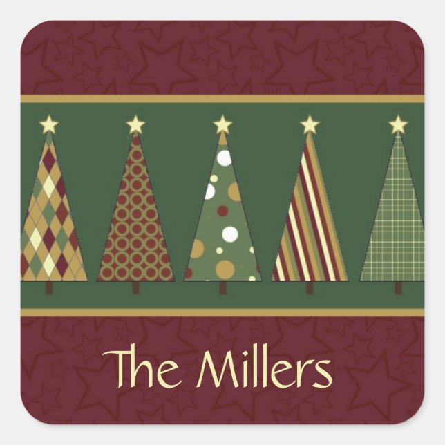 Gemütlicher, roter und grüner Weihnachtsbaum Quadratischer Aufkleber (Vorderseite)