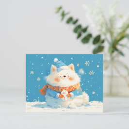 Gemütlicher Samojede-Hund mit Mini-Schneemann Feiertagspostkarte
