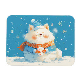 Gemütlicher Samojede-Hund mit Mini-Schneemann Magnet