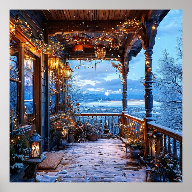 Gemütlicher schneebedeckter Hof mit Weihnachtsbele Poster (Vorne)