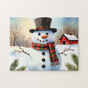 Gemütlicher Schneemann Bauernhof Wasserfarbe Weihn Puzzle