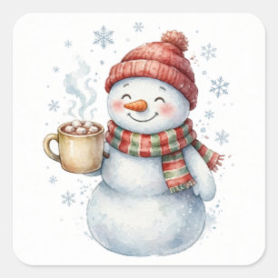 Gemütlicher Schokoladen-Schneemann Weihnachtsaufkl Quadratischer Aufkleber