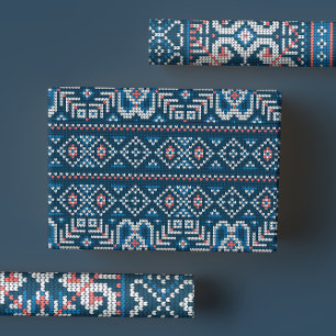 Gemütlicher skandinavischer Blue & Peach Winter Sw Geschenkpapier Set