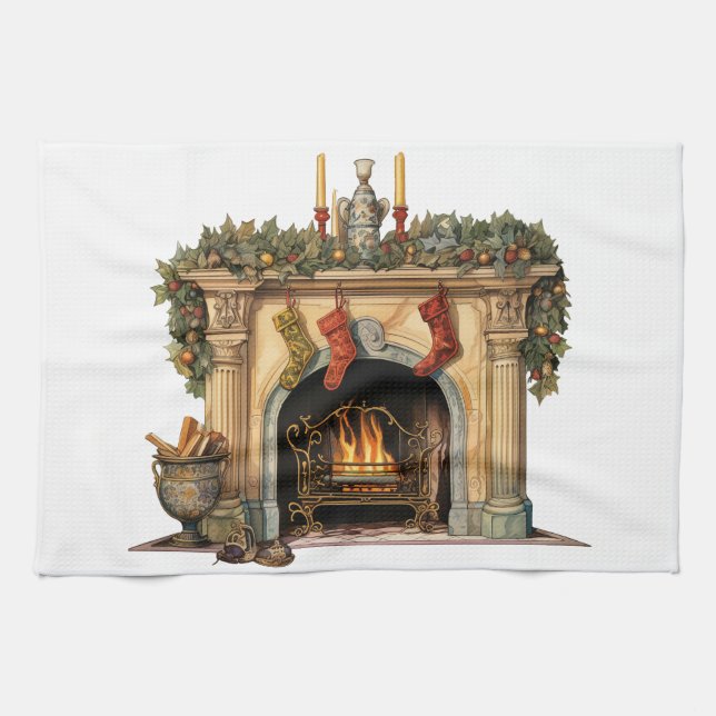 Gemütlicher Viktorianischer Kamin Weihnachten Geschirrtuch (Horizontal)