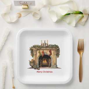 Gemütlicher Viktorianischer Kamin Weihnachten Pappteller