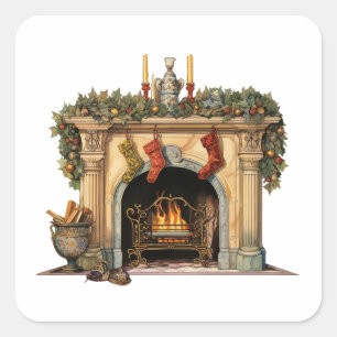 Gemütlicher Viktorianischer Kamin Weihnachten Quadratischer Aufkleber