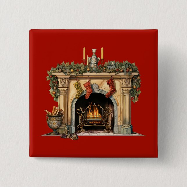 Gemütlicher viktorianischer Weihnachts-Kamin Button (Vorderseite)