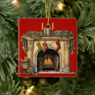 Gemütlicher viktorianischer Weihnachts-Kamin Keramikornament