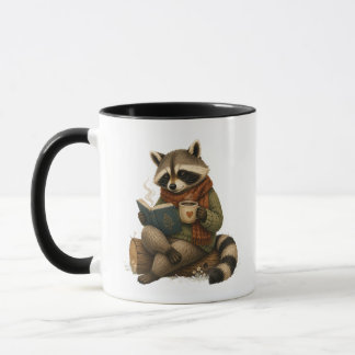 Gemütlicher Waschbär liest Buch mit Kaffeetasse