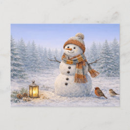 Gemütlicher Wasserfarben-Winter-Schneemann mit Vög Feiertagspostkarte