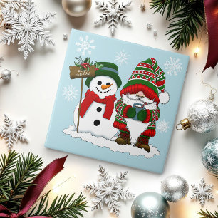 Gemütlicher Weihnachts-Gnom Schneemann Winterurlau Fliese