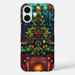 Gemütlicher Weihnachtsbaum Kamin Buntglas Kunst iPhone 16 Hülle