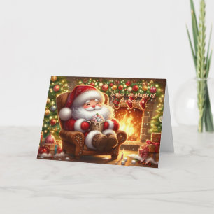 Gemütlicher Weihnachtsmann am Kamin gefaltete Weih Feiertagskarte