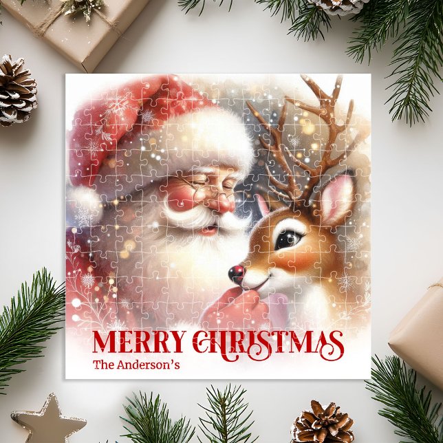 Gemütlicher Weihnachtsmann Rudolph Personalisierte Puzzle (Cozy Santa Rudolph Personalized Christmas Kids Holiday Jigsaw Puzzle

)
