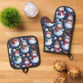 Gemütlicher Weihnachtsschneemann Ofenhandschuh & Topflappen-Set