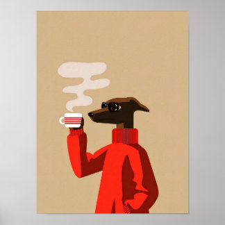 Gemütlicher Whippet beim Kaffeetrinken - Hundeillu Poster