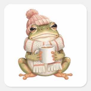 Gemütlicher Winterfrosch und Kaffee-Ästhetik Quadratischer Aufkleber