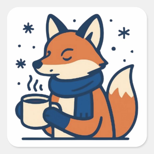 Gemütlicher Winterfuchs mit heißer Schokolade  Quadratischer Aufkleber (Vorderseite)