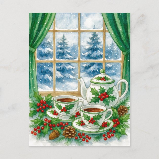 Gemütlicher Wintertee am Fenster Postkarte (Vorderseite)