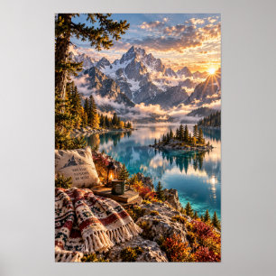 Gemütliches Alpensee-Berg-Sonnenaufgangs-Rückzugs- Poster